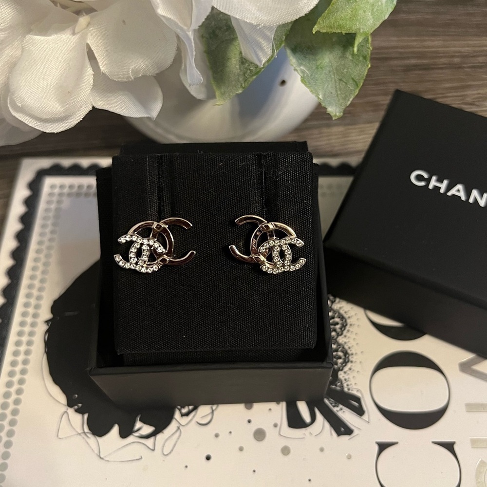 CHANEL Gold Silver Crystal Double CC Stud Earrings